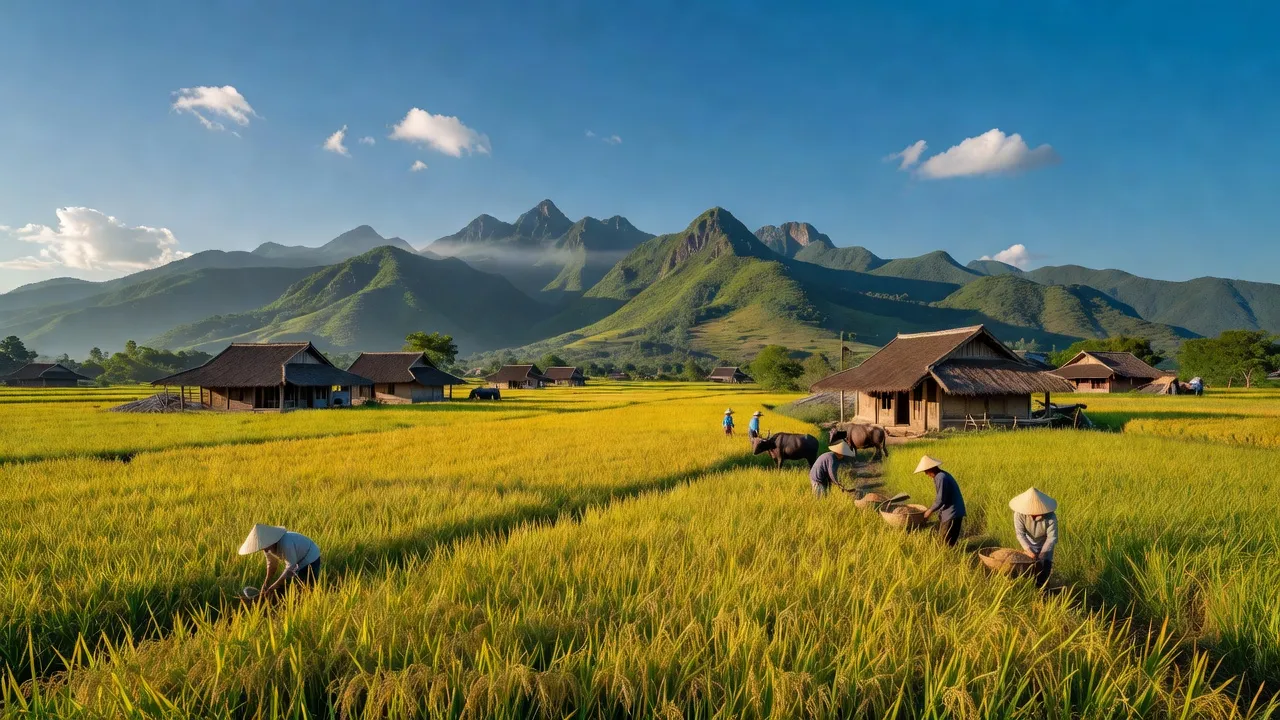 Cảnh sắc xã Ân Hảo Đông, huyện Hoài Ân, Bình Định với cánh đồng lúa và núi non hùng vĩ.