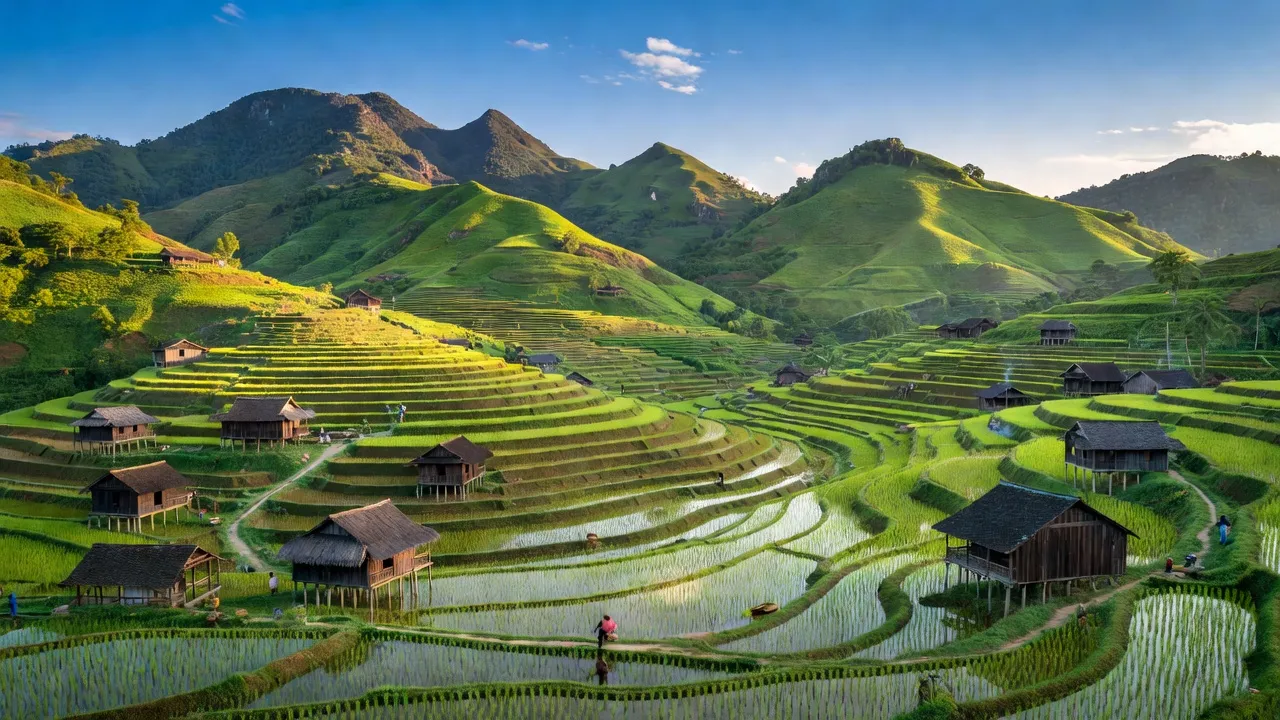 Cảnh quan đẹp ở xã Ân Hữu, huyện Hoài Ân, Bình Định, với đồi núi xanh và nhà truyền thống.