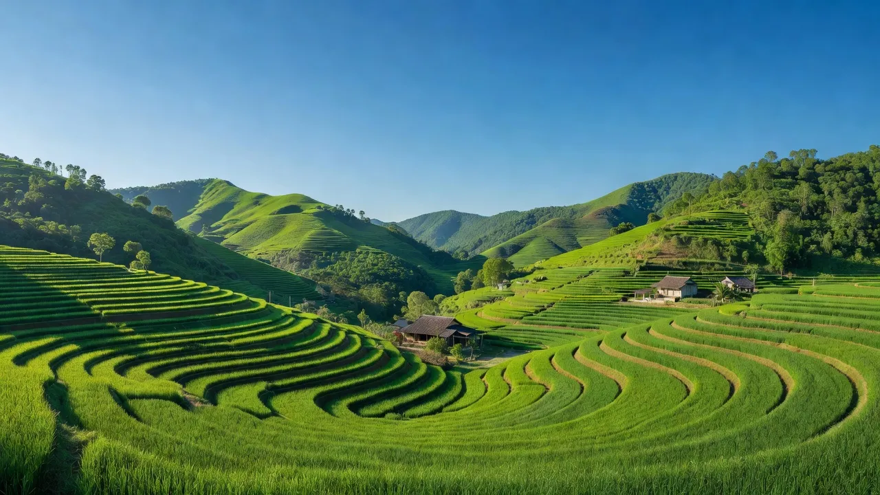 Khung cảnh thiên nhiên xã Ân Mỹ, huyện Hoài Ân, Bình Định với đồi núi và đồng bằng xanh mát.