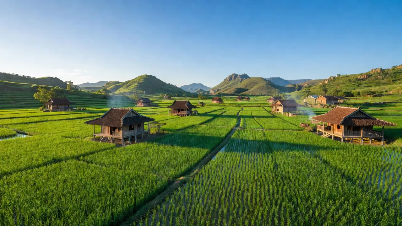 Cảnh quan xanh tươi xã Ân Phong, huyện Hoài Ân, tỉnh Bình Định, cánh đồng và núi.