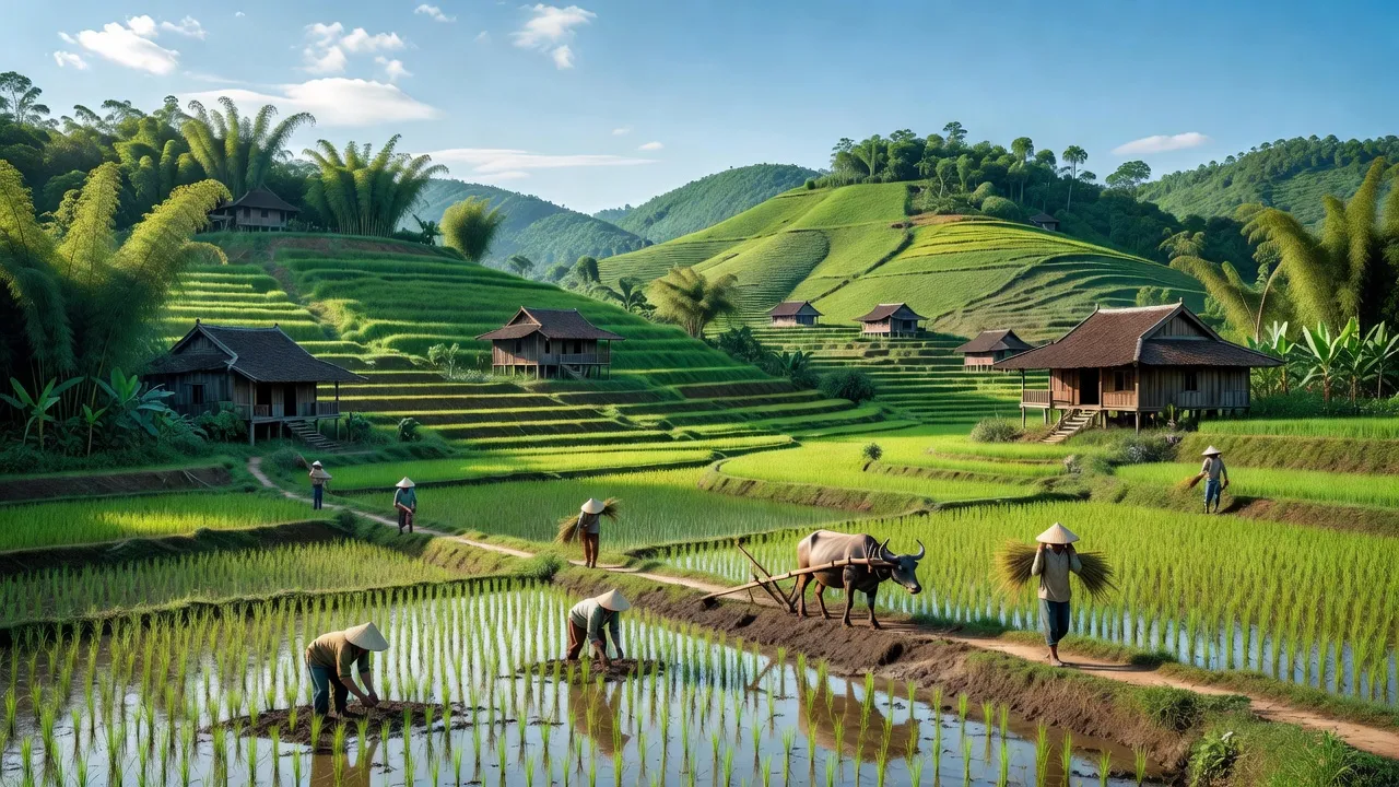Cảnh đẹp xã Ân Sơn, huyện Hoài Ân, tỉnh Bình Định với đồng xanh và đồi núi.