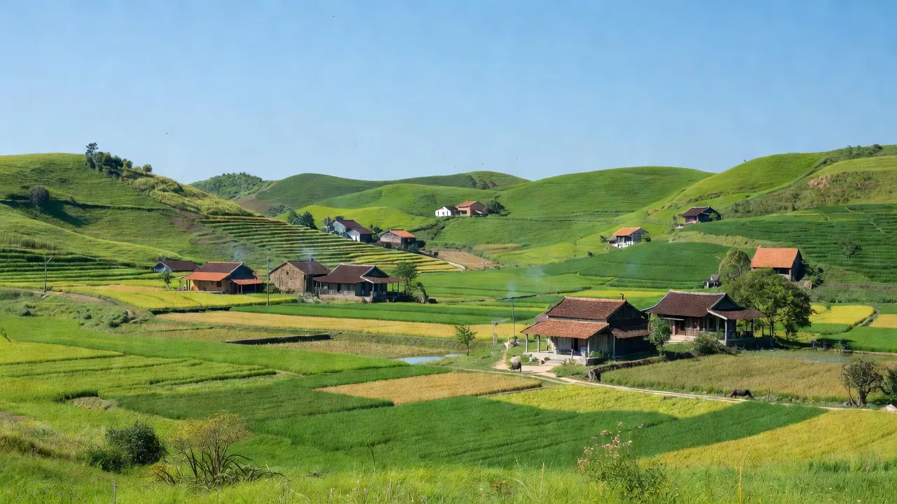 Khung cảnh yên bình xã Ân Thạnh, huyện Hoài Ân, với đồi núi, ruộng xanh, và nhà truyền thống.