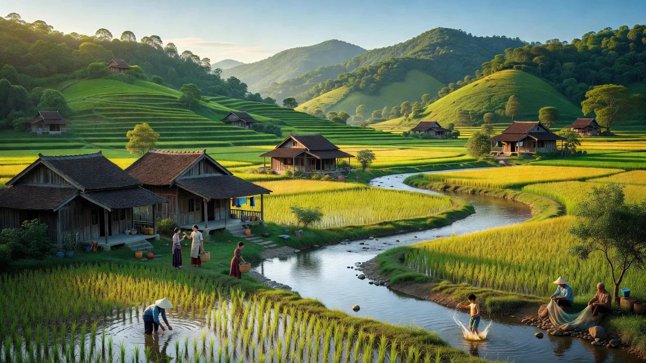 Cảnh sắc xã Ân Tín, huyện Hoài Ân, tỉnh Bình Định với đồi núi và cánh đồng xanh.