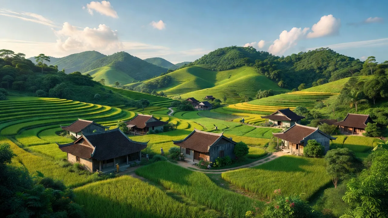 Vẻ đẹp thiên nhiên xã Ân Tín, huyện Hoài Ân, tỉnh Bình Định với đồi núi xanh tươi và kiến trúc truyền thống.