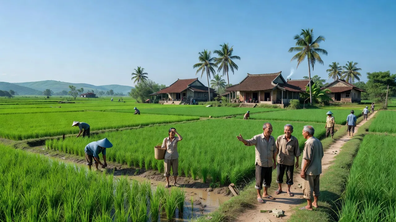 Khung cảnh làng Ân Tường Đông, huyện Hoài Ân, tỉnh Bình Định với cánh đồng xanh tươi.