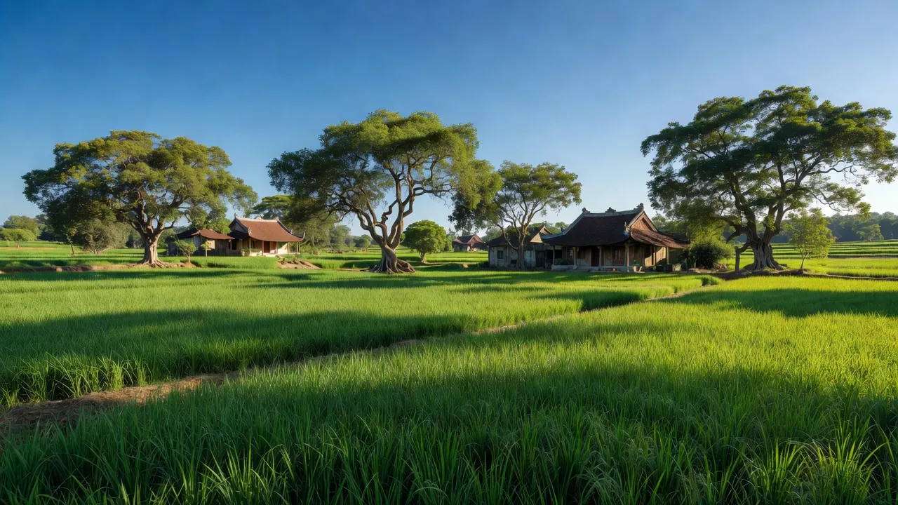 Cảnh vật nông thôn xã Ân Tường Tây, huyện Hoài Ân, tỉnh Bình Định với cánh đồng xanh mướt.
