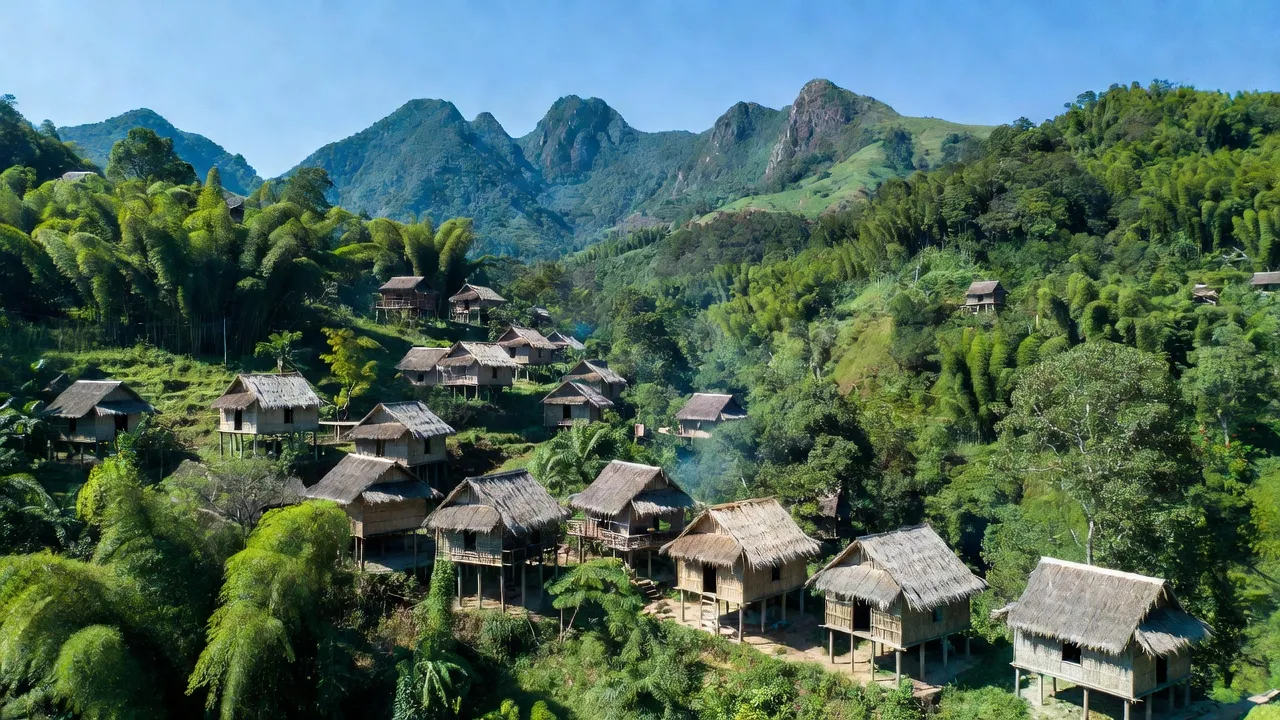 Khung cảnh xã Bok Tới, huyện Hoài Ân, tỉnh Bình Định với núi rừng và nhà sàn truyền thống.