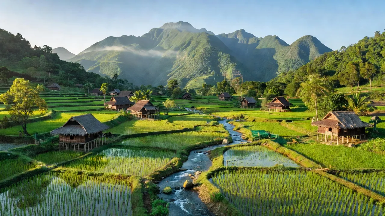 Phong cảnh thiên nhiên xã Bok Tới, huyện Hoài Ân, tỉnh Bình Định với núi non và đồng bào dân tộc.