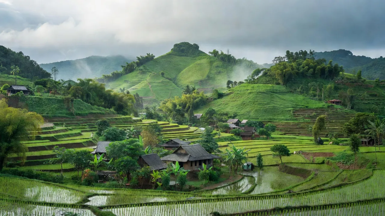 Khung cảnh xanh tươi xã Đak Mang, huyện Hoài Ân, tỉnh Bình Định với núi đồi và nhà truyền thống.
