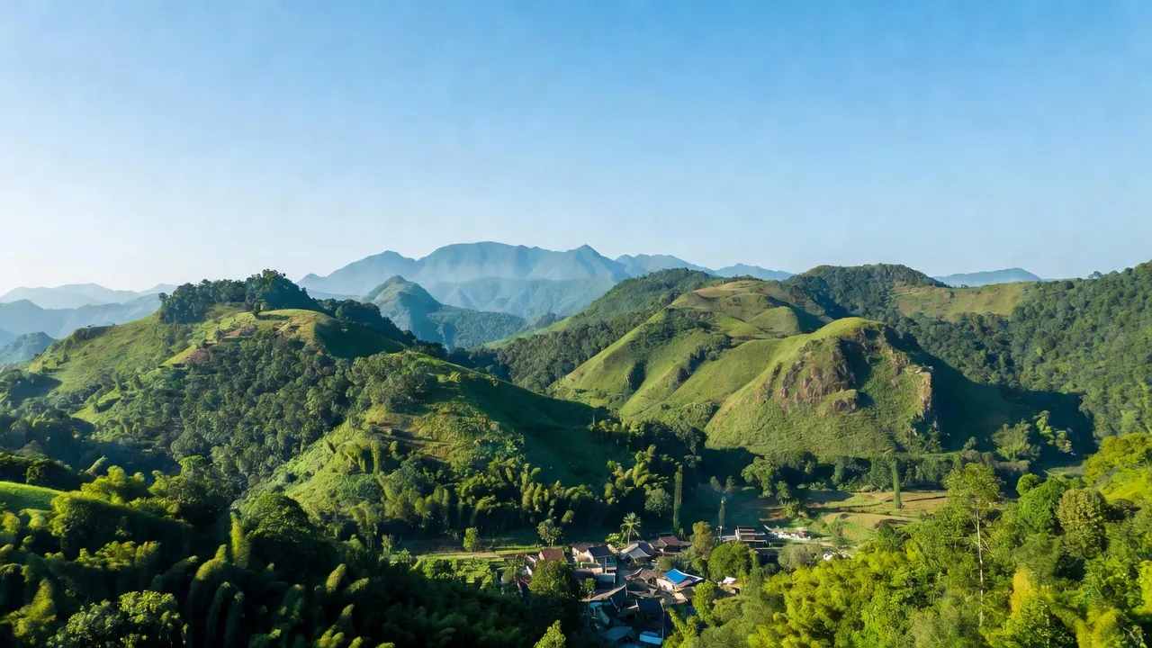 Phong cảnh xã Đak Mang, huyện Hoài Ân, Bình Định với đồi núi, cây xanh và bầu trời trong xanh.