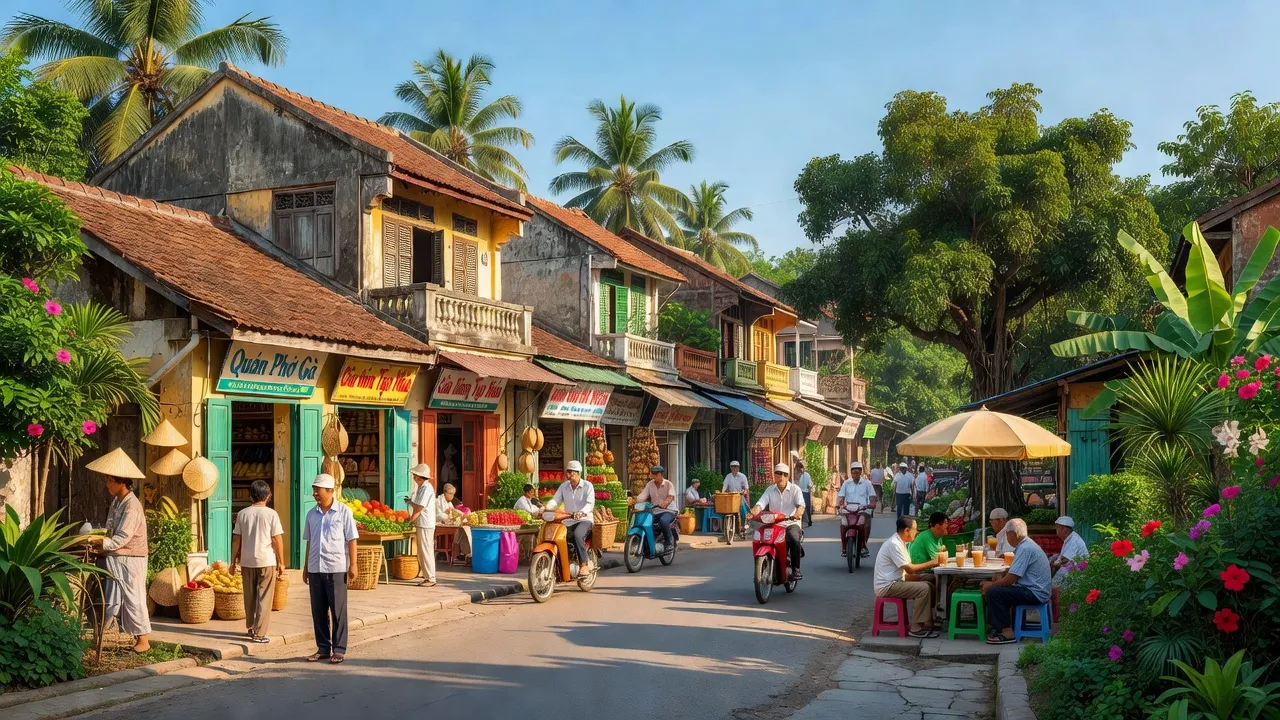 Khung cảnh nhộn nhịp thị trấn Tăng Bạt Hổ, huyện Hoài Ân, tỉnh Bình Định với kiến trúc và cây xanh.
