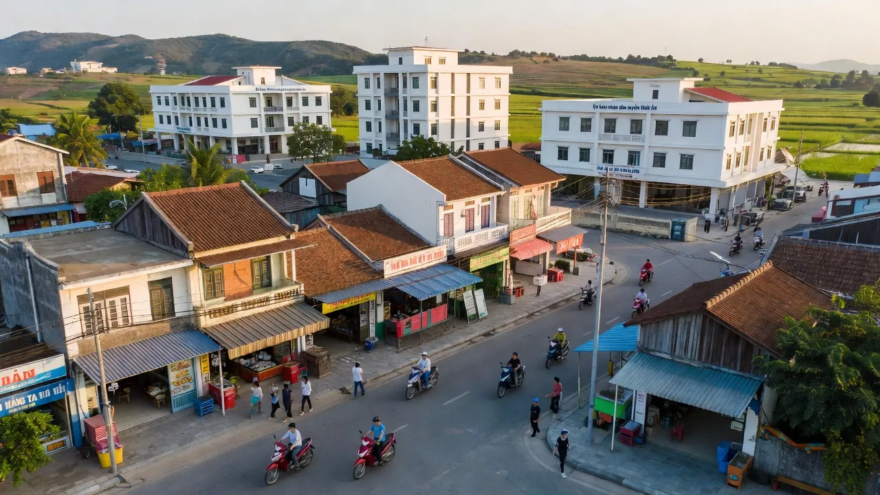Thị trấn Tăng Bạt Hổ Hoài Ân, Bình Định với cảnh sắc và hoạt động trong một buổi chiều.