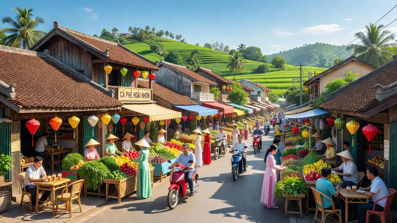 Cảnh quan thị xã Hoài Nhơn, Bình Định với hoạt động sôi nổi và kiến trúc truyền thống.