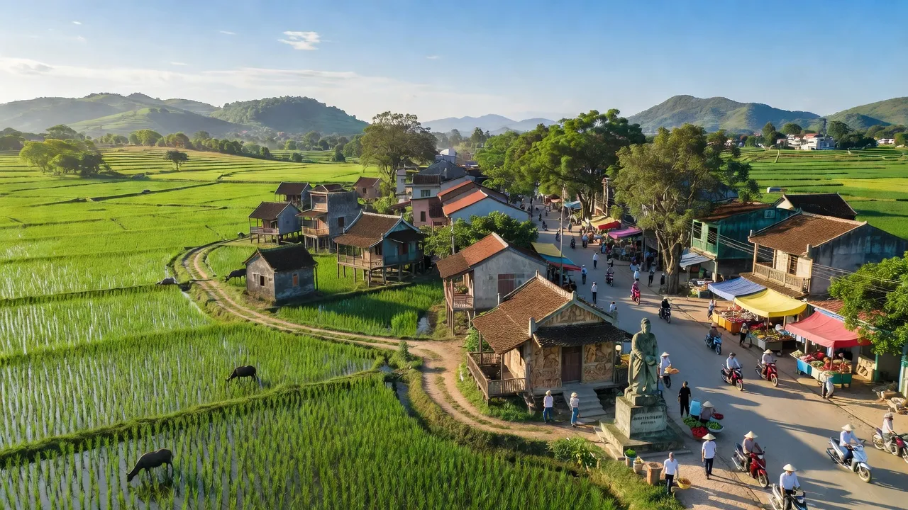 Thị xã Hoài Nhơn, tỉnh Bình Định, với cánh đồng xanh tươi và bầu trời trong blue.
