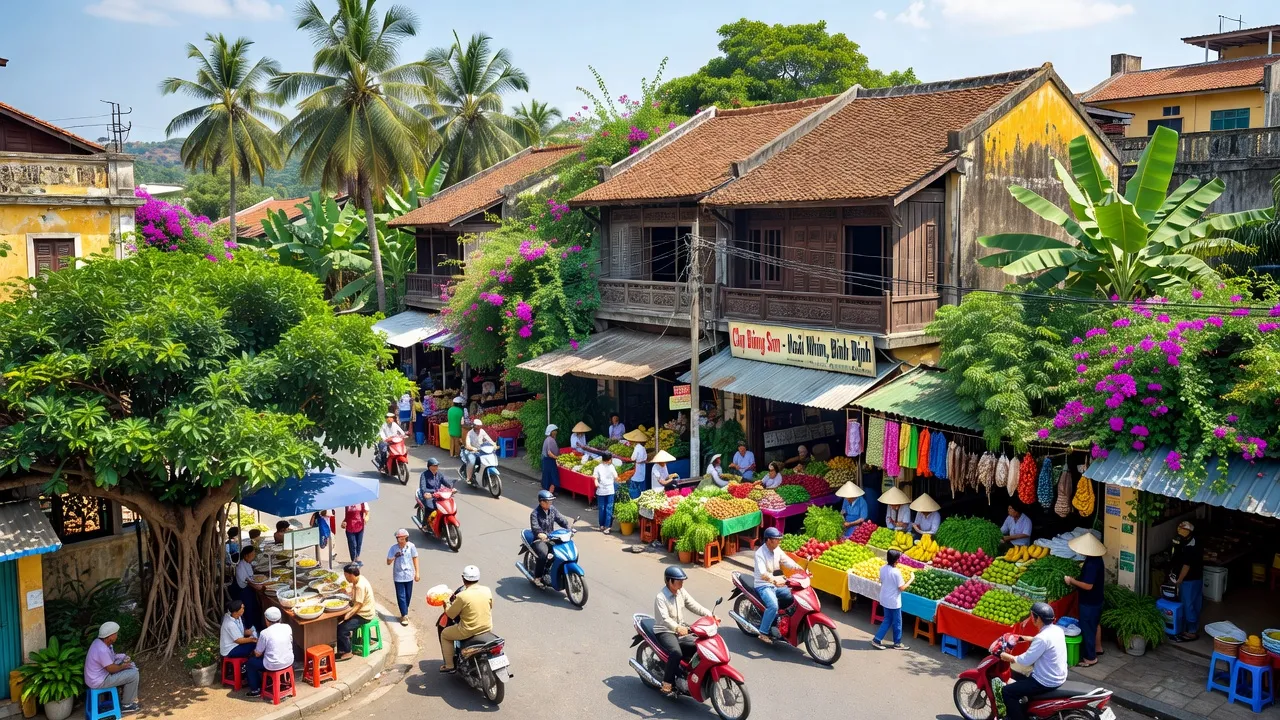 Cảnh quan phường Bồng Sơn, Thị xã Hoài Nhơn, tỉnh Bình Định, với kiến trúc và sống động đường phố.