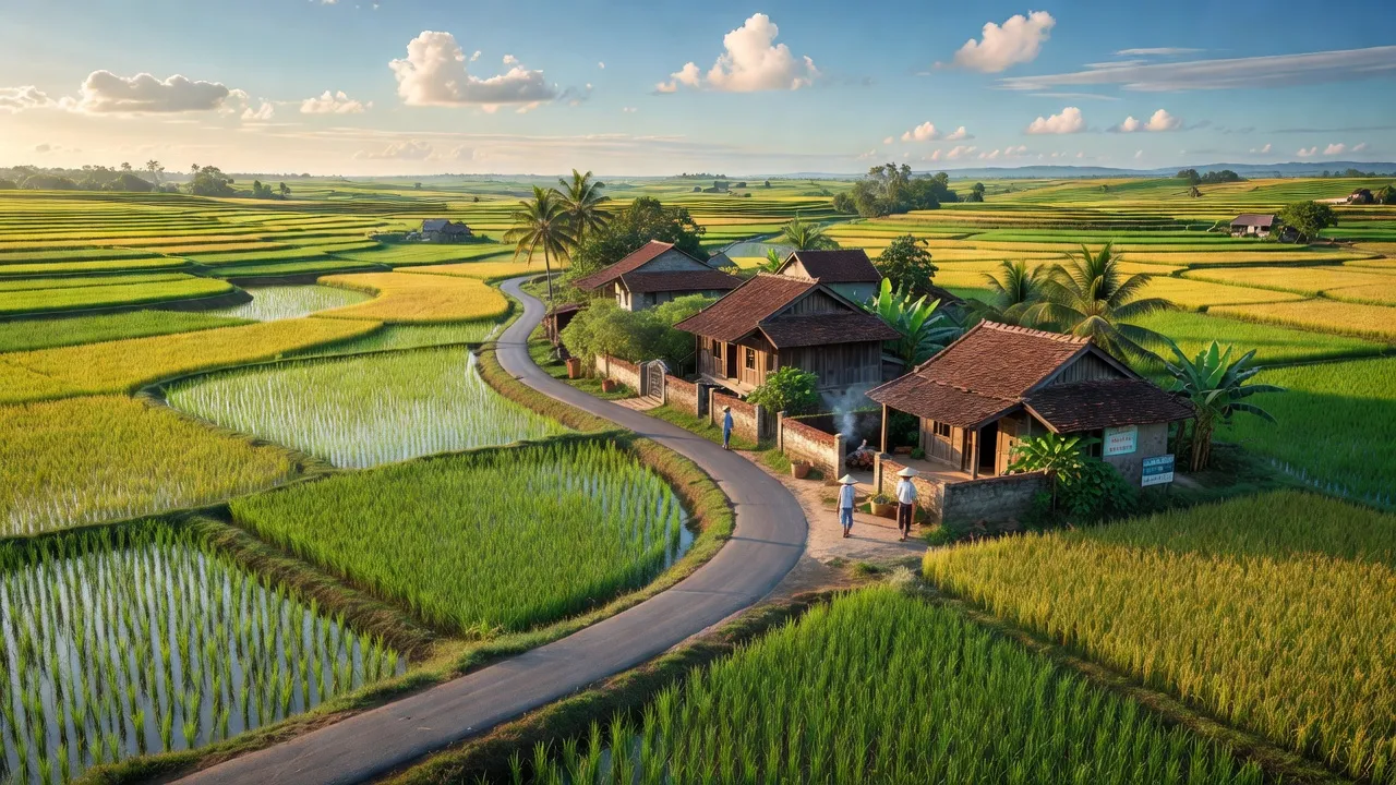 Cảnh đẹp xã Hoài Châu Bắc, Bình Định với ruộng lúa, nhà truyền thống và bầu trời xanh