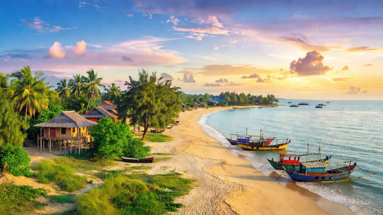 Cảnh quan ven biển Xã Hoài Hải, Thị xã Hoài Nhơn, tỉnh Bình Định với thuyền đánh cá và cây xanh.