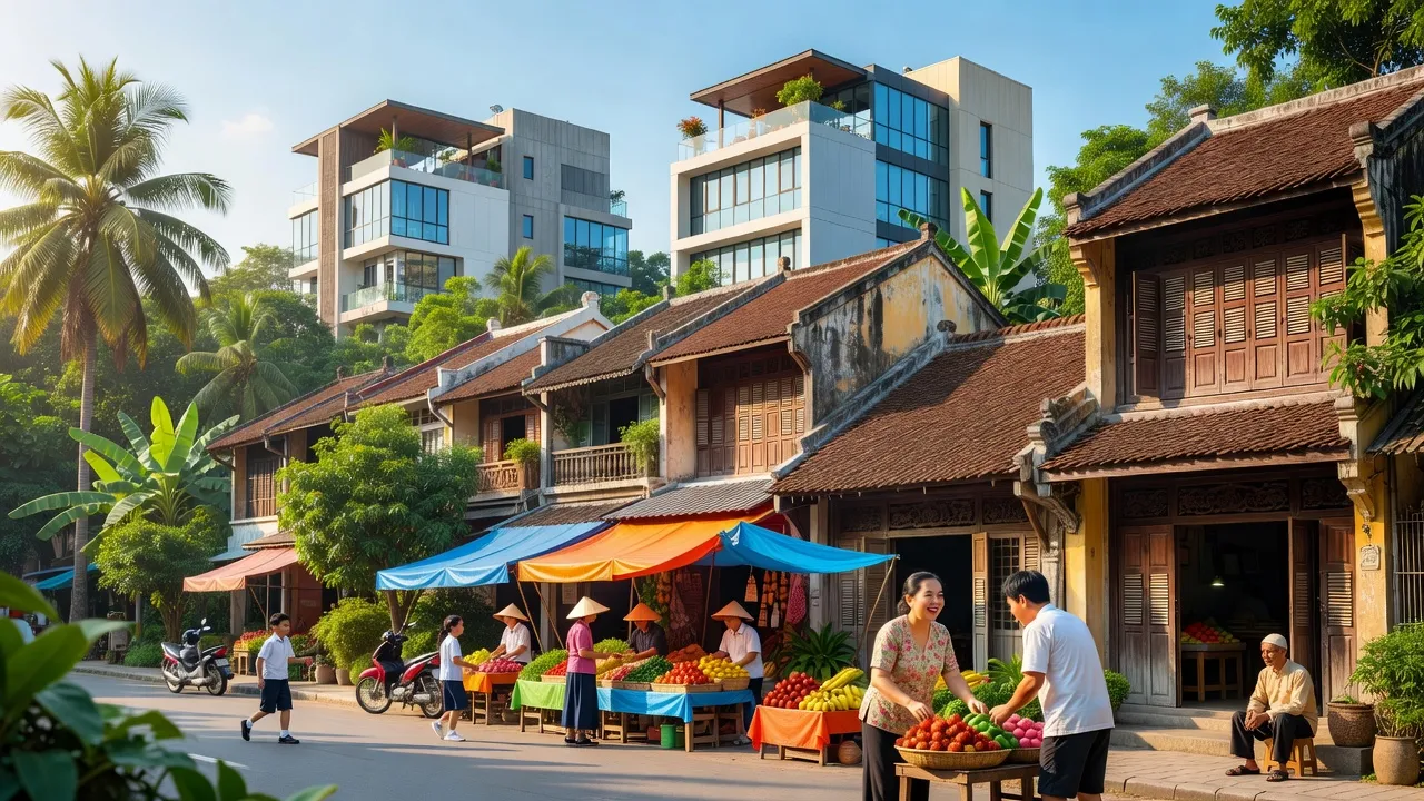 Khung cảnh Phường Hoài Hảo, thị xã Hoài Nhơn, Bình Định với các khu phố sầm uất và cây xanh.