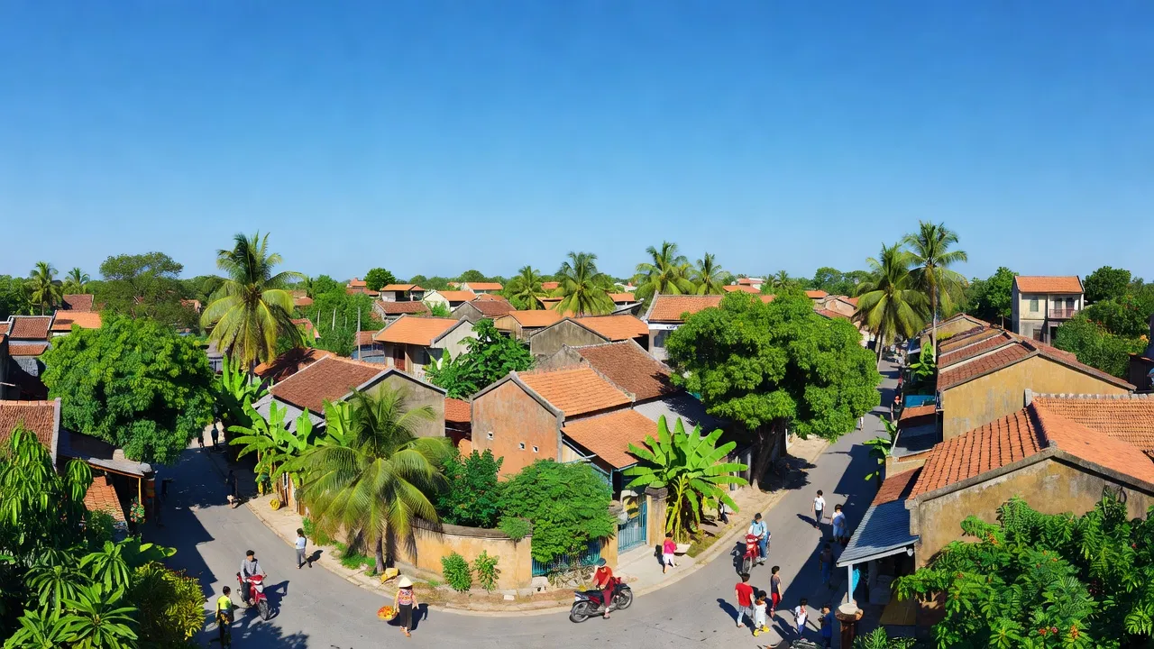 Cảnh quan Phường Hoài Hương, thị xã Hoài Nhơn với bầu trời xanh, ngôi nhà truyền thống và cây cối.