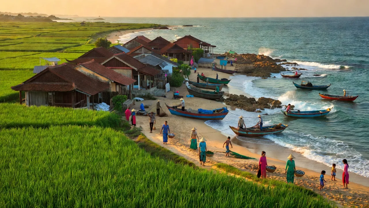 Khung cảnh xã Hoài Mỹ, thị xã Hoài Nhơn, tỉnh Bình Định với biển và đồng xanh.