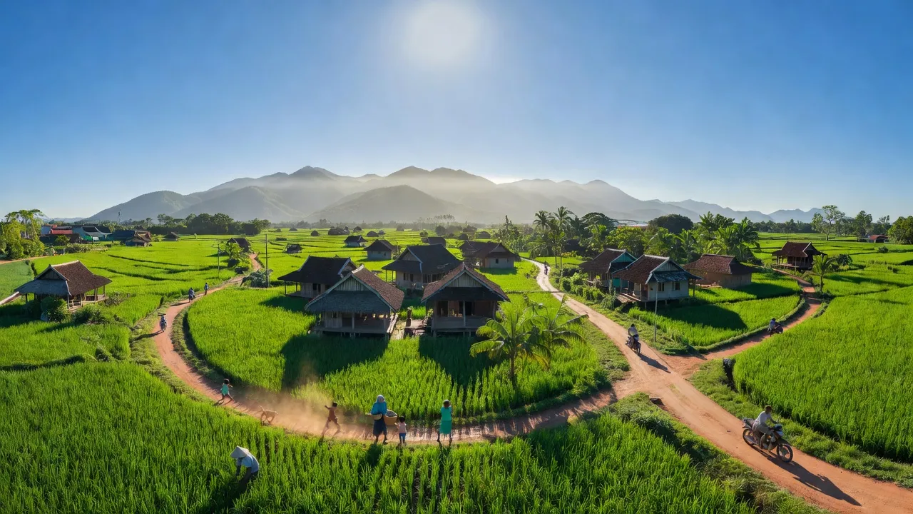 Khung cảnh xanh tươi ở xã Hoài Phú, Thị xã Hoài Nhơn, tỉnh Bình Định với đường sá và nhà cửa truyền thống.