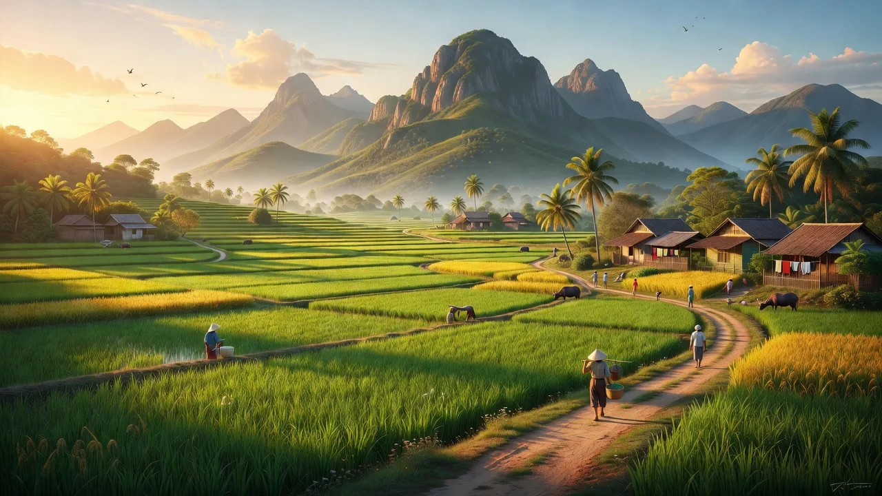 Phong cảnh xã Hoài Sơn, Thị xã Hoài Nhơn, tỉnh Bình Định với cánh đồng xanh và núi.