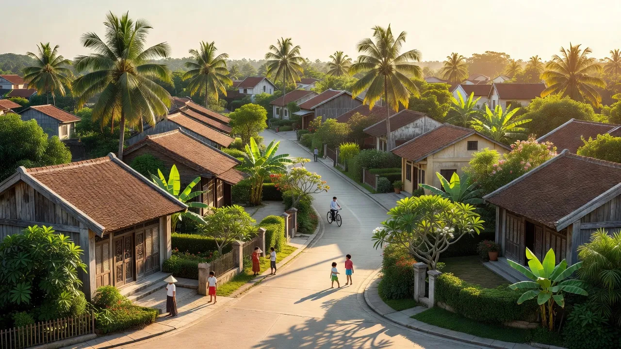 Cảnh quan yên bình tại Phường Hoài Xuân, Thị xã Hoài Nhơn, tỉnh Bình Định, với những ngôi nhà truyền thống.