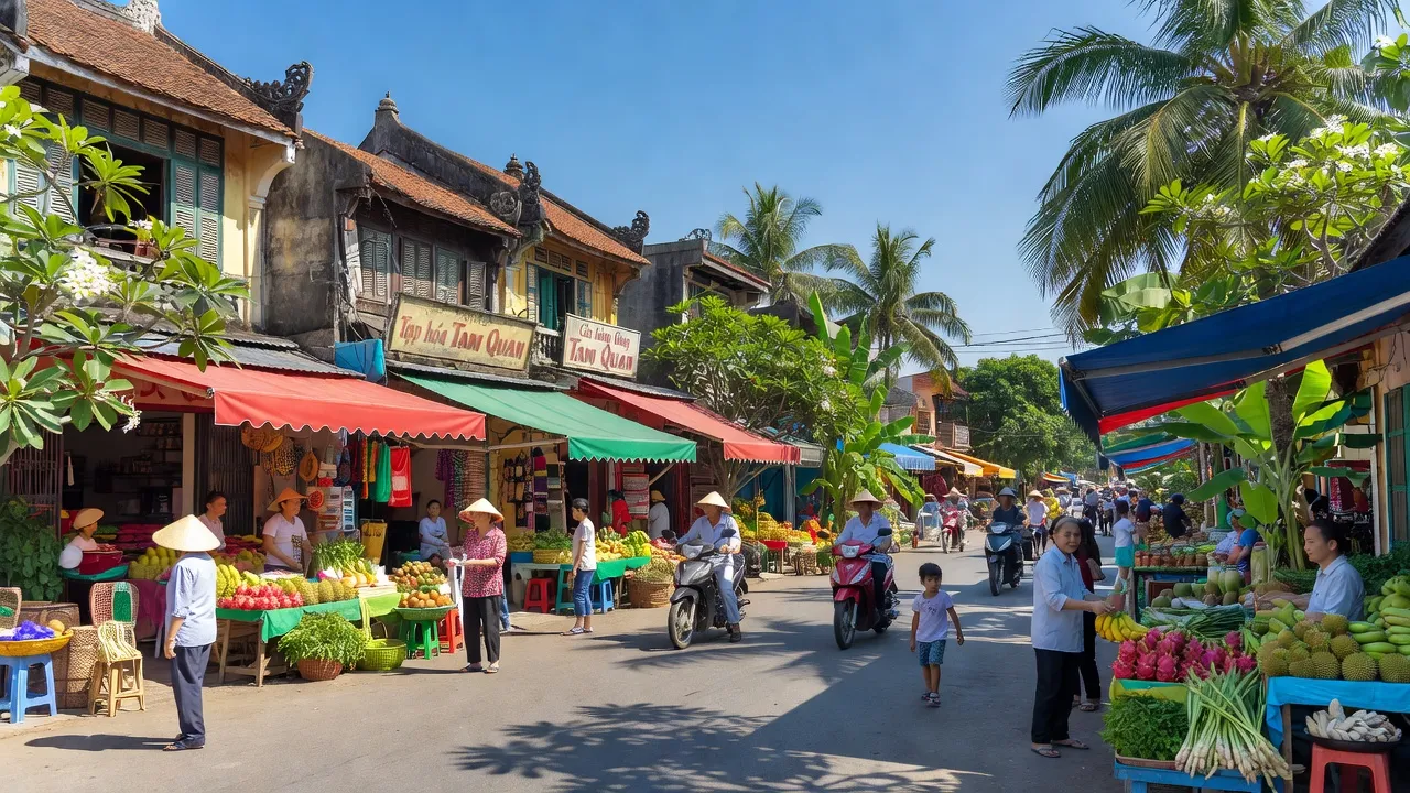 Cảnh đường phố sôi động ở Phường Tam Quan Bắc, Hoài Nhơn, gợi nhớ về nét văn hóa đặc trưng địa phương.