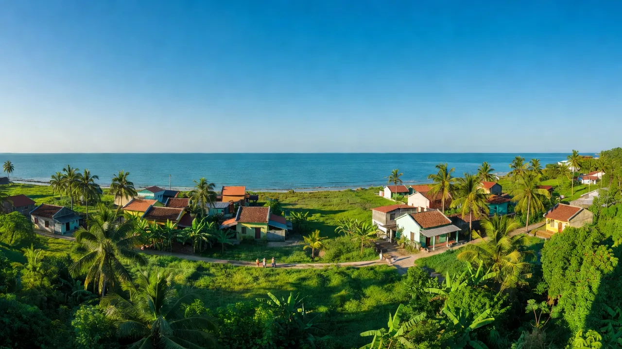 Phường Tam Quan, Thị xã Hoài Nhơn, tỉnh Bình Định với cảnh biển và nhà cửa địa phương.