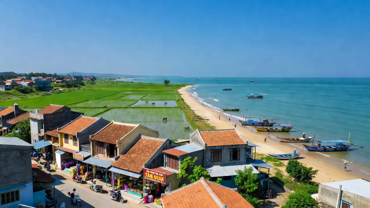 Toàn cảnh Phường Tam Quan, Thị xã Hoài Nhơn, tỉnh Bình Định với biển và kiến trúc địa phương.