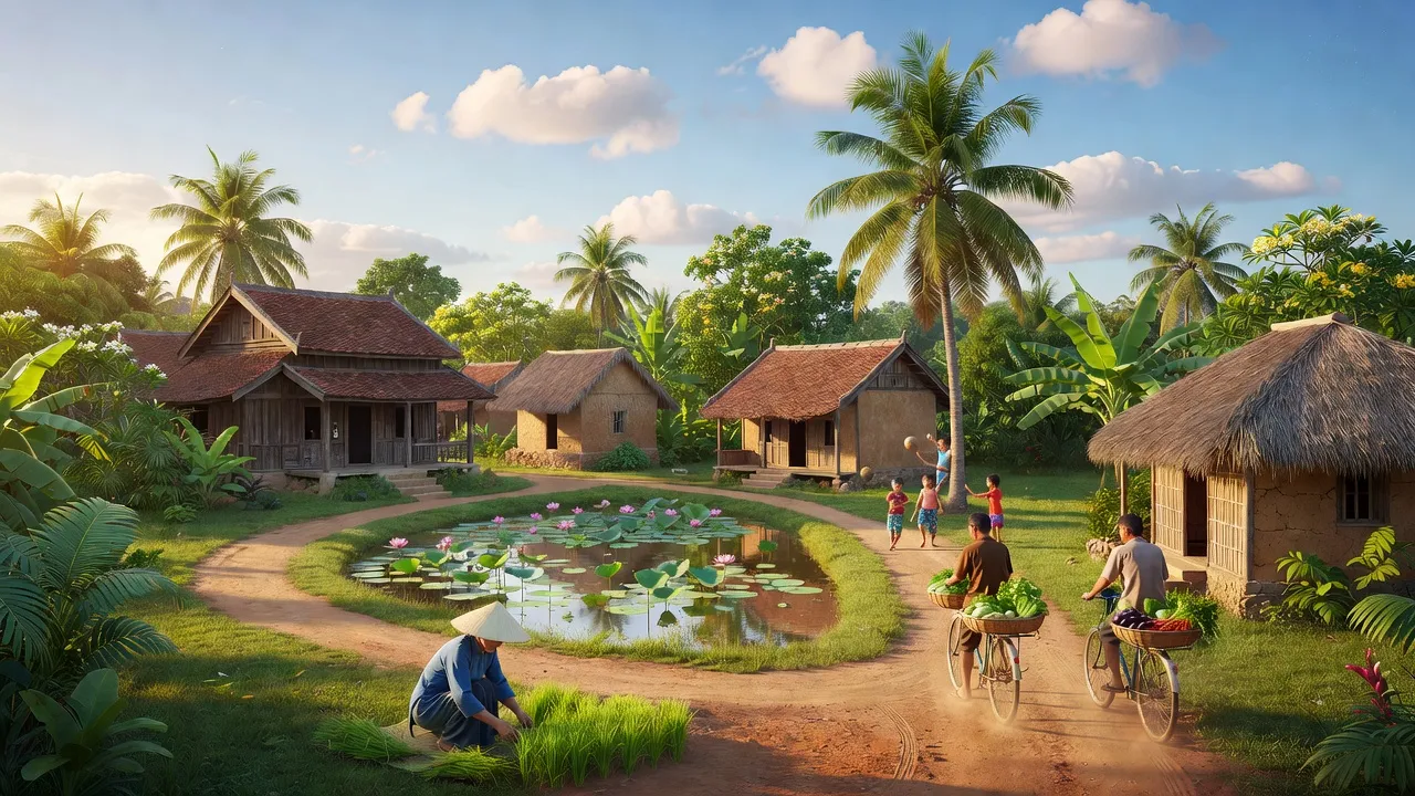 Cát Hanh village, Phù Cát district, Bình Định, with traditional houses and vibrant green fields.