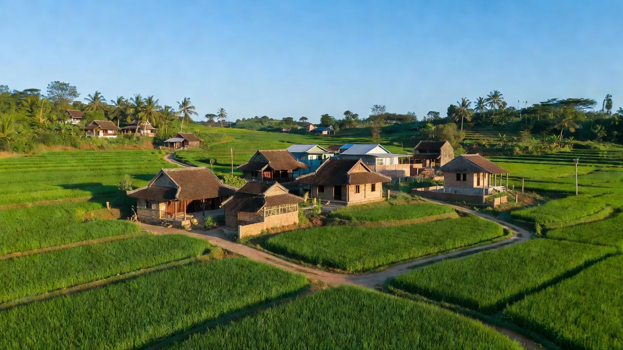Phong cảnh xã Cát Hanh, huyện Phù Cát, tỉnh Bình Định với cánh đồng xanh và nhà truyền thống.