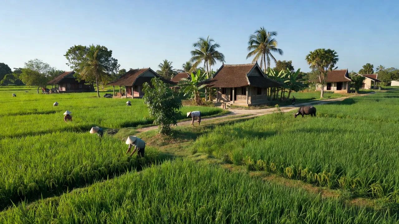 Cảnh đẹp xã Cát Hiệp, huyện Phù Cát, tỉnh Bình Định với cánh đồng xanh và nhà cửa truyền thống.