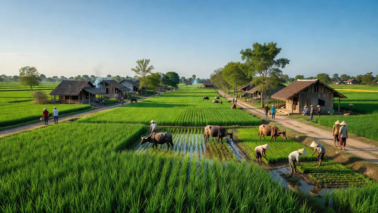 Cát Hiệp village in Phù Cát, Bình Định, with green rice fields and traditional houses.