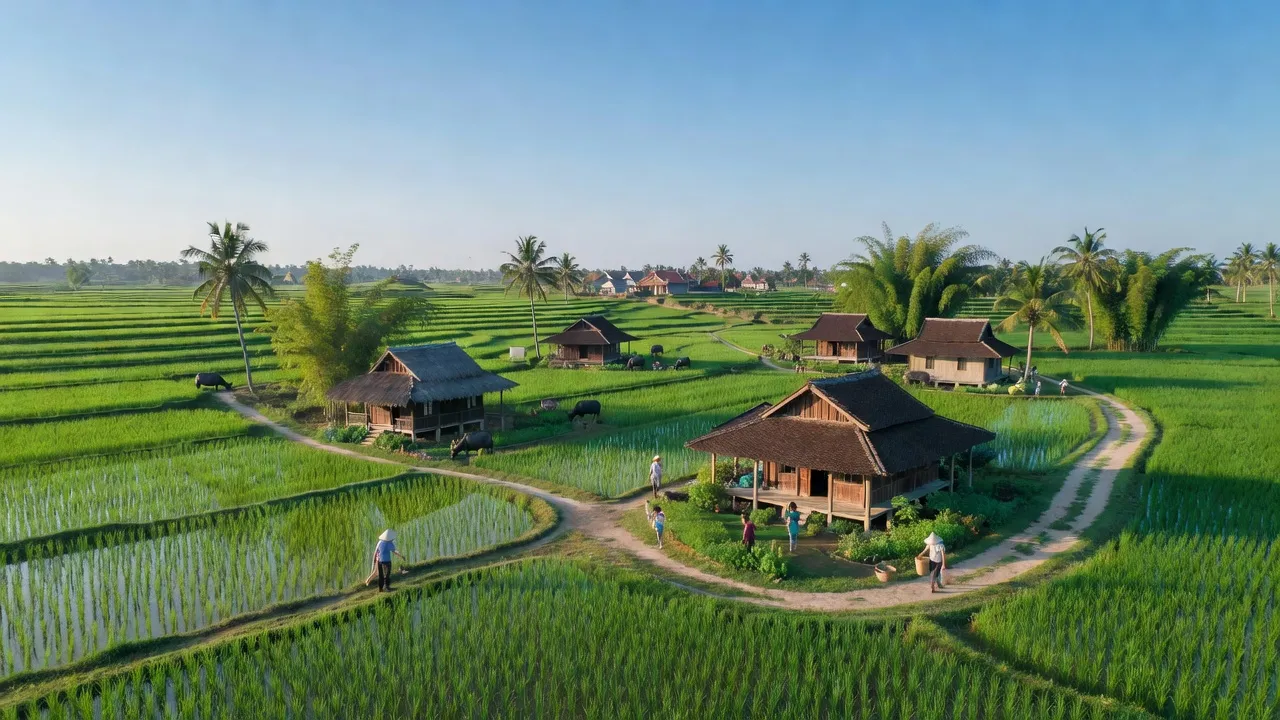 Cảnh làng Cát Hưng, huyện Phù Cát, tỉnh Bình Định với cánh đồng lúa xanh tươi.