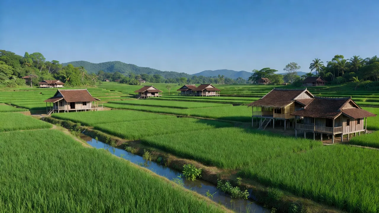 Cảnh quan thanh bình xã Cát Hưng, huyện Phù Cát, tỉnh Bình Định với cánh đồng xanh tươi.