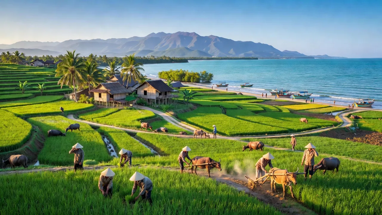 Cảnh biển xã Cát Lâm, huyện Phù Cát, tỉnh Bình Định với nông nghiệp và người dân làm việc.
