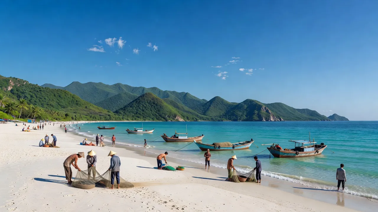 Cảnh biển xanh và bãi cát trắng tại xã Cát Sơn, huyện Phù Cát, tỉnh Bình Định.