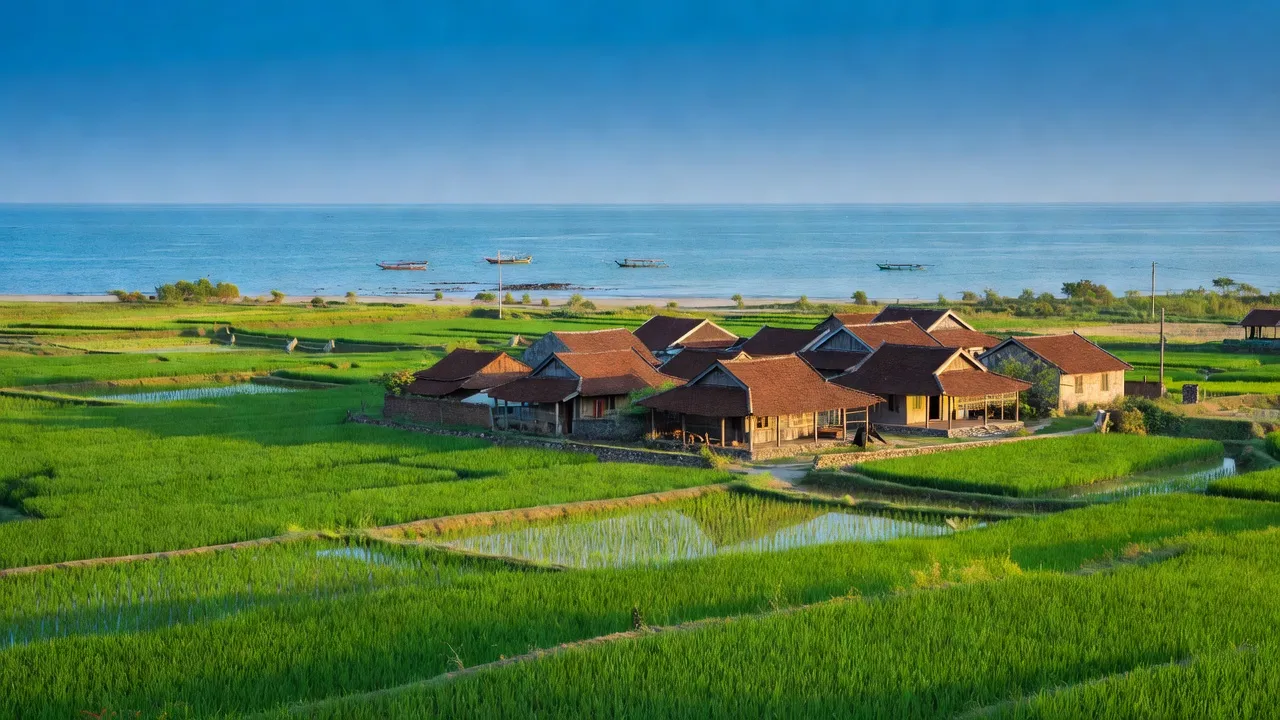 Cảnh quan xã Cát Thành, huyện Phù Cát, tỉnh Bình Định với ruộng xanh và nhà truyền thống.