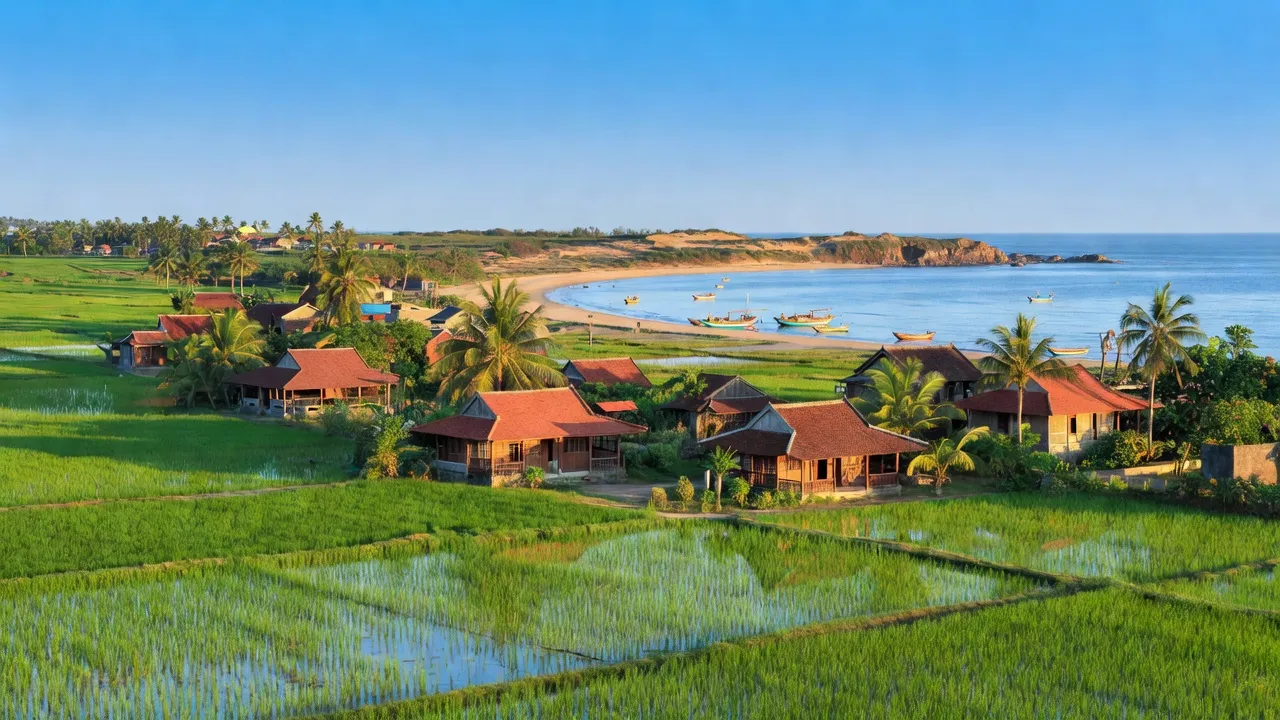 Cát Thành village in Phù Cát, Bình Định, featuring coastal landscapes, rice fields, and traditional homes.