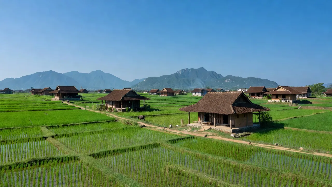 Cát Trinh, Phù Cát, Bình Định with lush fields, traditional houses, and mountains in background.