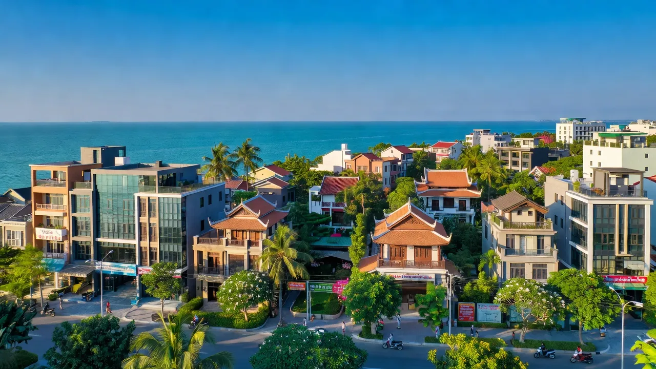 Thị trấn Ngô Mây, huyện Phù Cát, tỉnh Bình Định với cảnh quan đô thị hiện đại và thiên nhiên tươi đẹp.