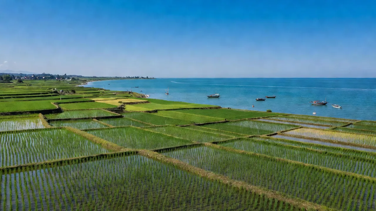 Cảnh biển yên bình huyện Phù Mỹ, tỉnh Bình Định với đồng lúa và bầu trời xanh.