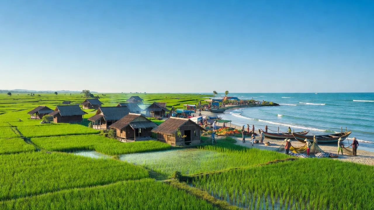 Khung cảnh huyện Phù Mỹ, tỉnh Bình Định, đồng bằng ven biển, nhà truyền thống, cuộc sống nông thôn yên bình.