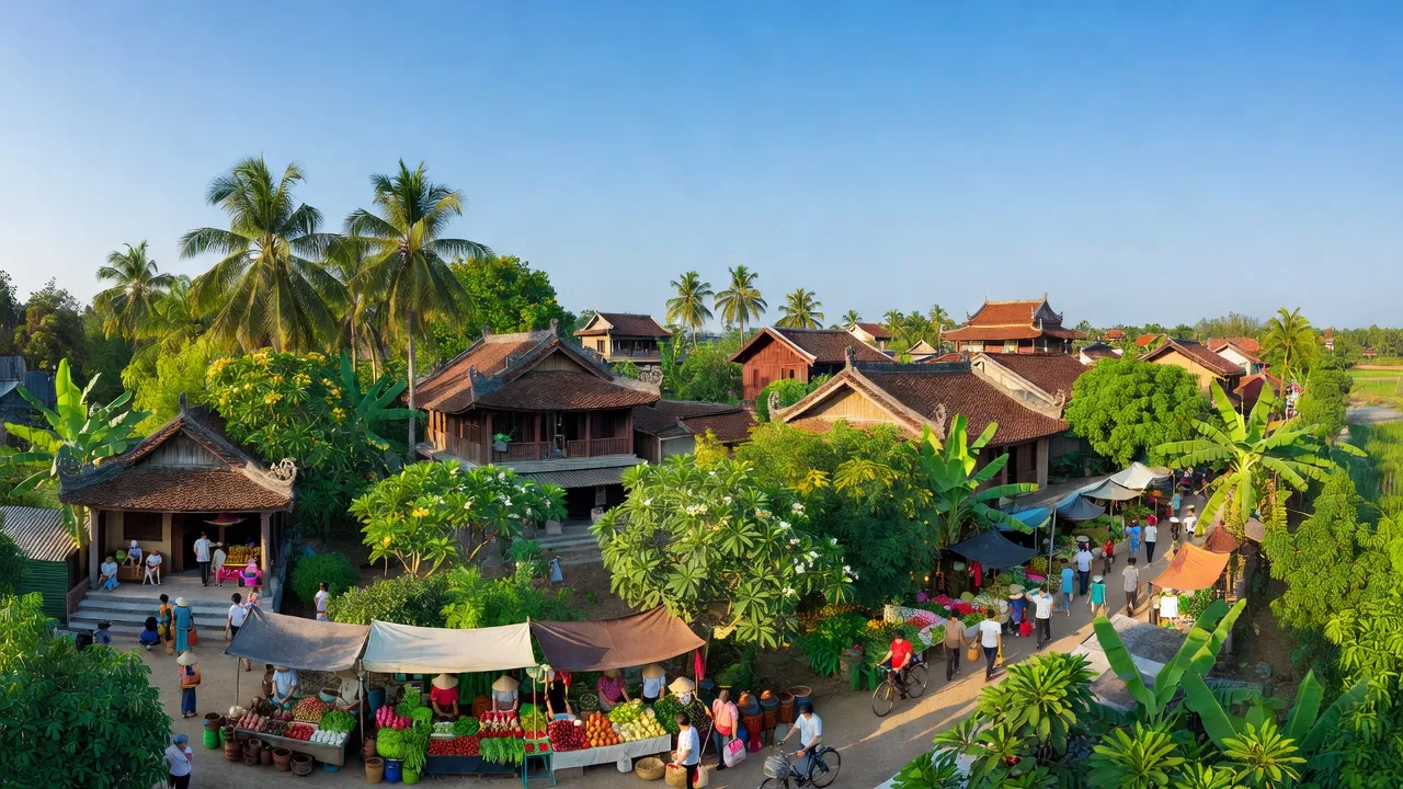 Khung cảnh yên bình của thị trấn Bình Dương, huyện Phù Mỹ, tỉnh Bình Định, với kiến trúc truyền thống.