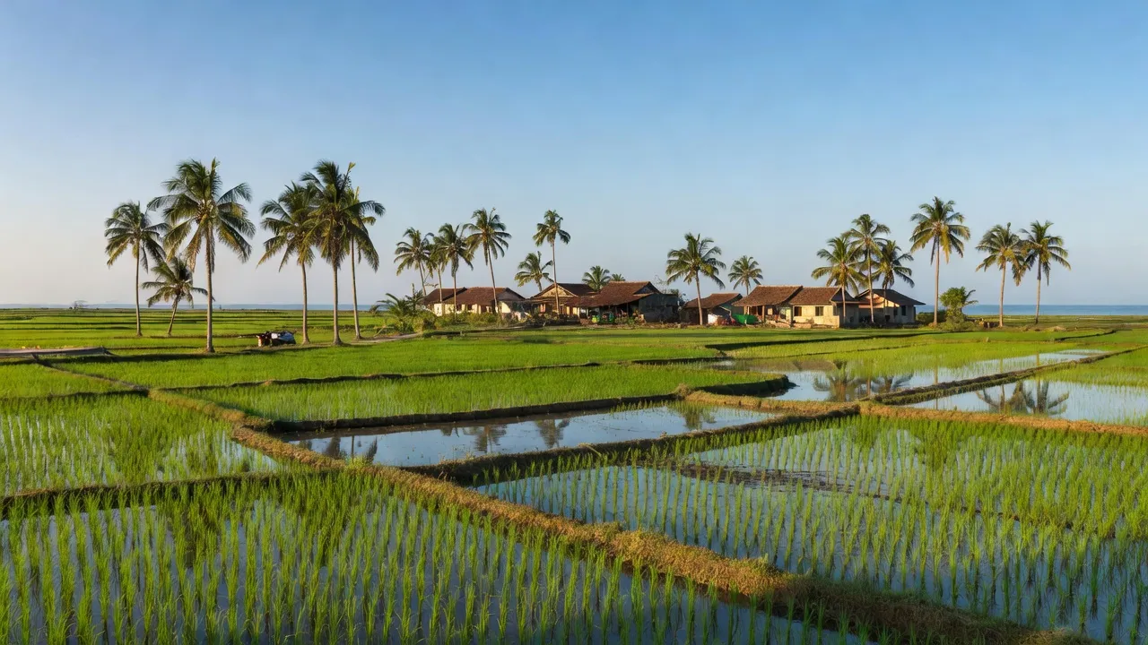 Khung cảnh nông thôn yên bình ở xã Mỹ Cát, huyện Phù Mỹ, tỉnh Bình Định với đồng ruộng xanh.