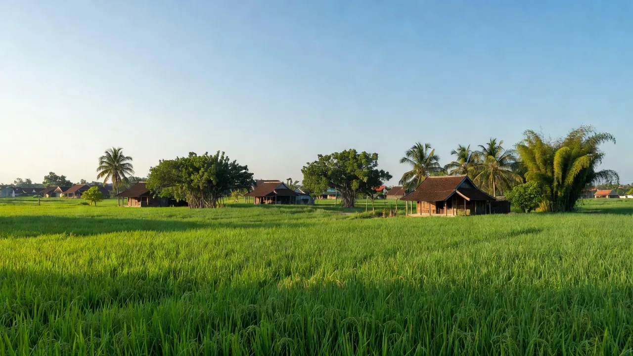 Cảnh sắc yên bình tại xã Mỹ Chánh Tây, huyện Phù Mỹ, tỉnh Bình Định, đồng xanh, nhà truyền thống.