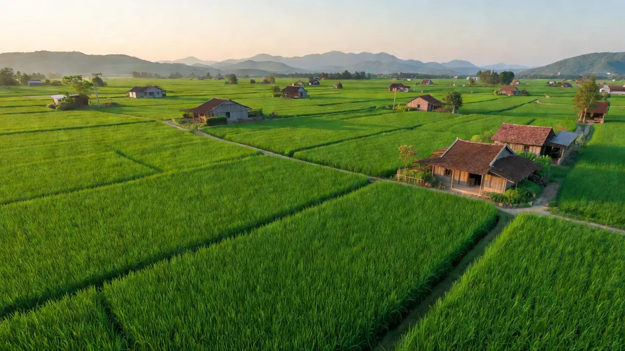 Cảnh đẹp xã Mỹ Chánh, huyện Phù Mỹ, tỉnh Bình Định với cánh đồng và vùng núi xa.