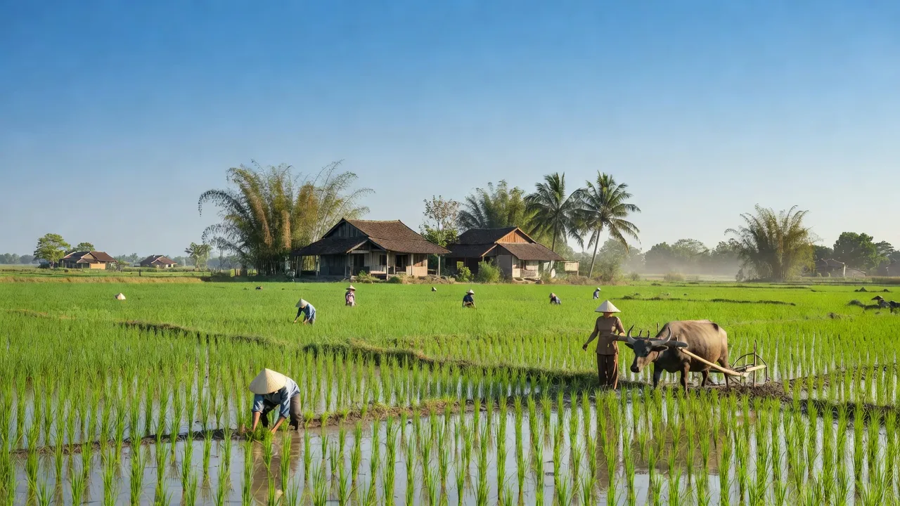 Cảnh quan xã Mỹ Châu, huyện Phù Mỹ, tỉnh Bình Định với đồng xanh và nhà truyền thống.