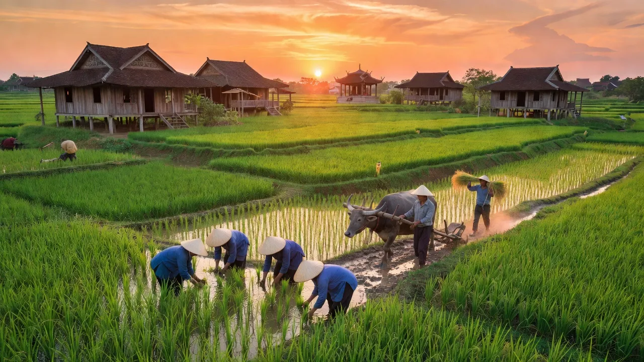 Khung cảnh nông thôn ở xã Mỹ Đức, huyện Phù Mỹ, tỉnh Bình Định với cánh đồng xanh.